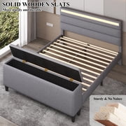 E-motie Full Upholstered Bed Frame with Storage Ottoman, Charging Station and LED, Gray Full Bed