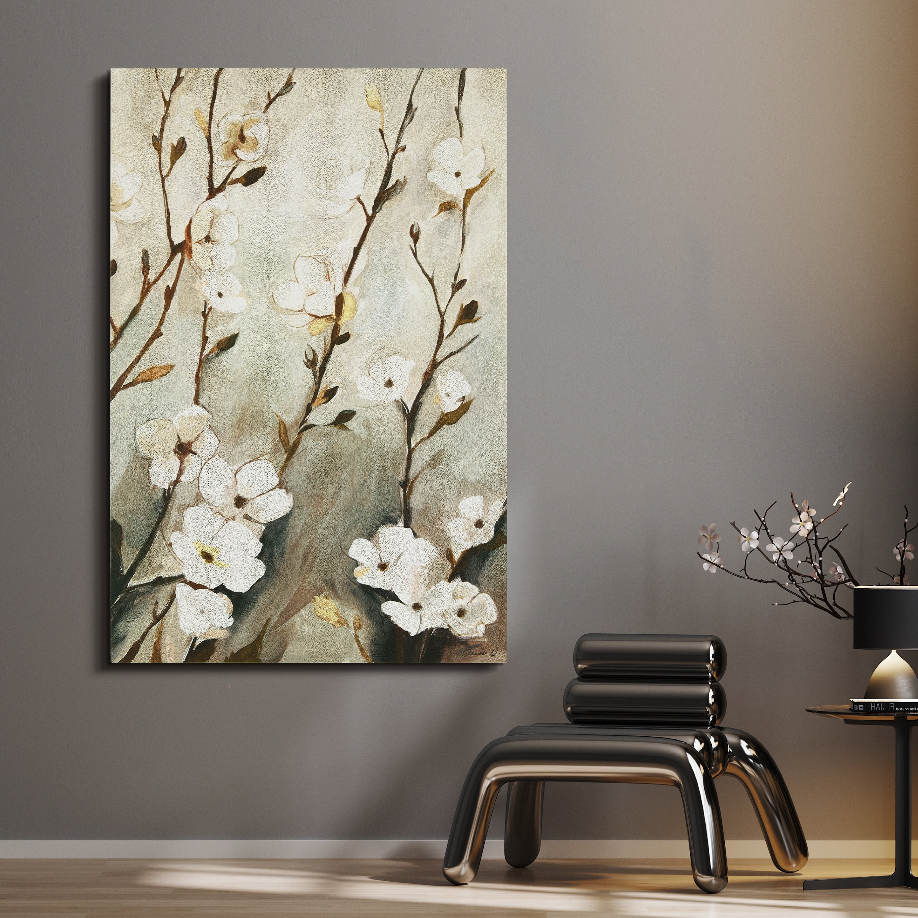 "Blossoming Tranquility" Floral Rendered on Gold Shagreen Wrapped Canvas Wall Art, sized 60"x40"