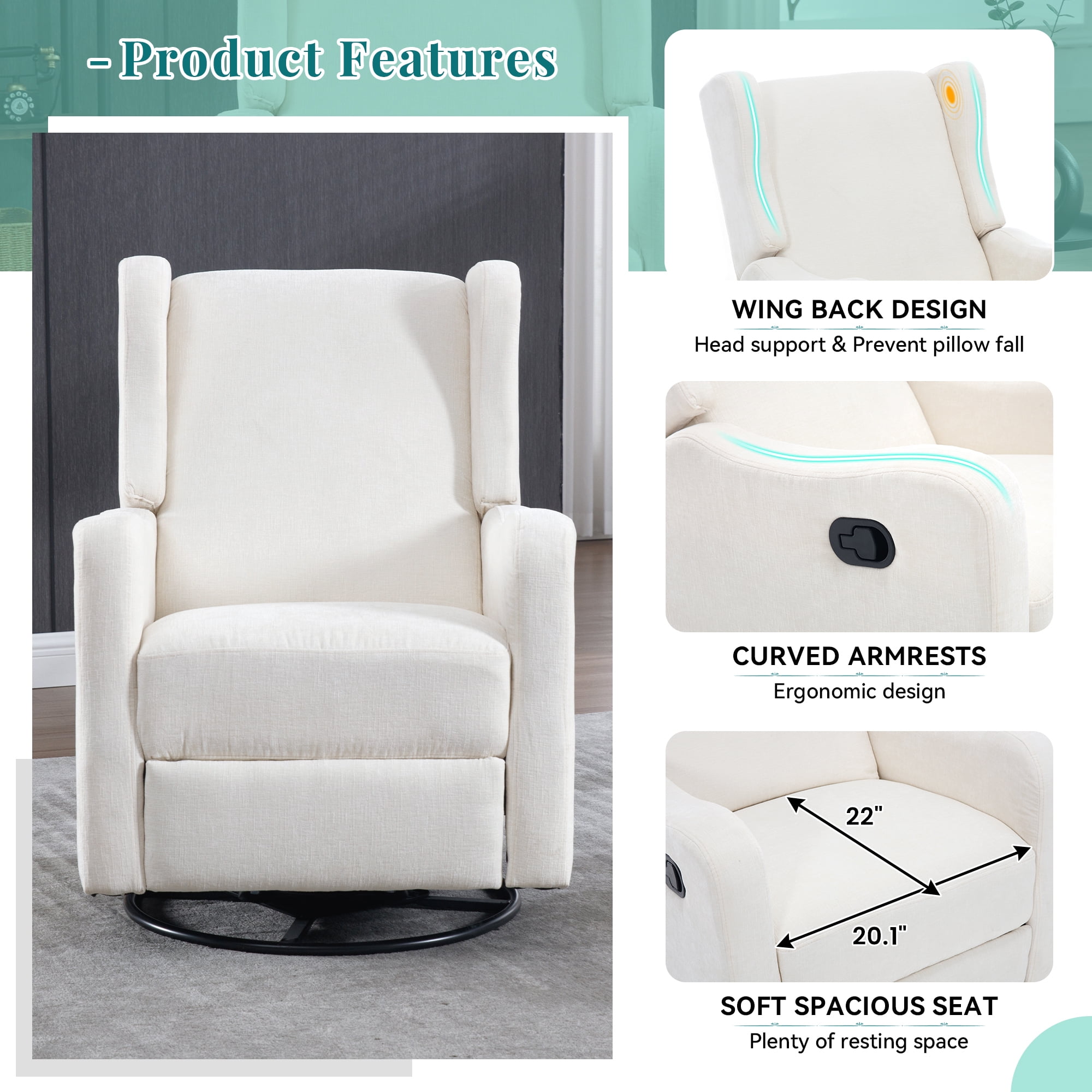 Muumblus Wingback Swivel Recliner, Glider Rocking Chair for Living Room, Nursery Rocker, Beige Chenille