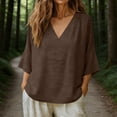 thumbnail image 2 of MaFYtyTPR Women's 3/4 Sleeve Cotton-Linen Blouse Fashionable Solid Color Loose V-Neck Shirt Three-Quarter Sleeve Tops for Women A-Brown S, 2 of 6