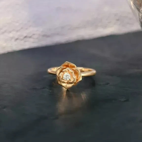 2Ct Round Cut Genuine Moissanite Delicate Flower Engagement Ring, 14k Yellow Gold Plated – Ideal Women’s Gift for Proposals