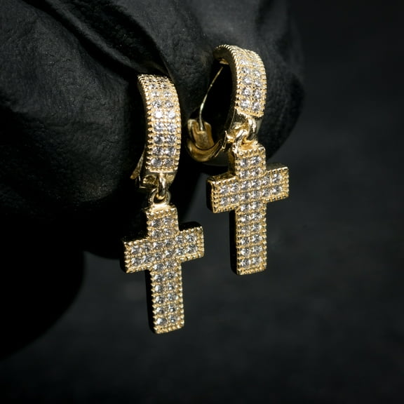 Men's Gold Plated 925 Sterling Silver Dangle Drop Huggie Cross Hoop Earrings