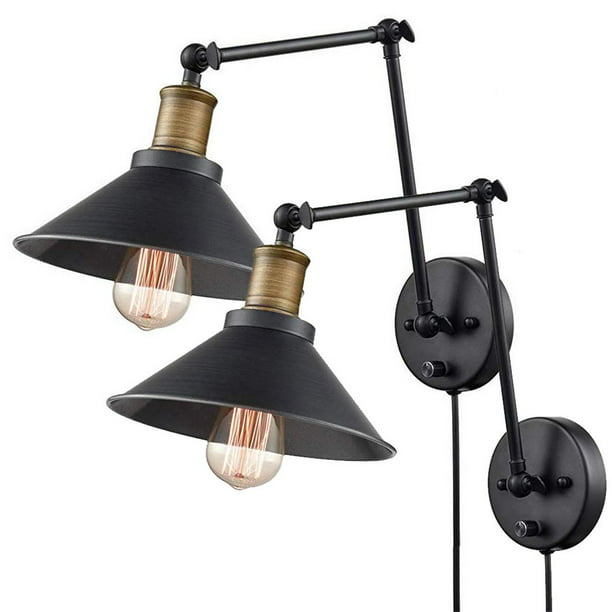 Plug In Wall Sconce Lamp Industrial Adjustable Swing Arm Light Fixture With Dimmable Switch Metal Black Reading For Bedroom Living Room Set Of 2 Com - Wall Sconce Light Fixtures Plug In