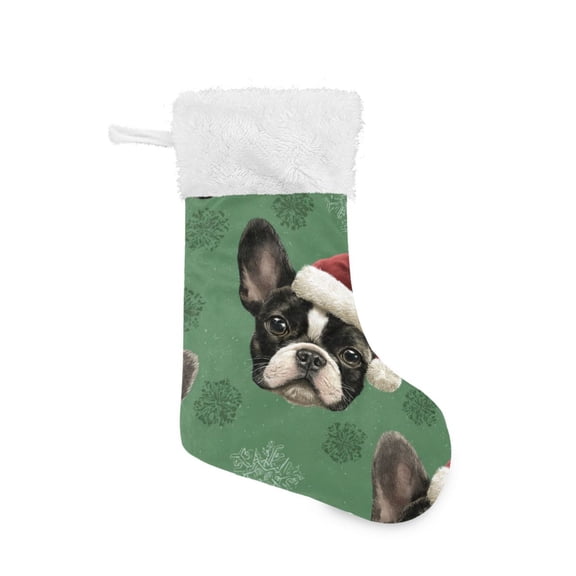 Christmas Bulldog with Hat Snowflakes Christmas Stockings Large Capacity 18 inch Gift Bag with Hook Xmas Holiday Decor 1 Pack