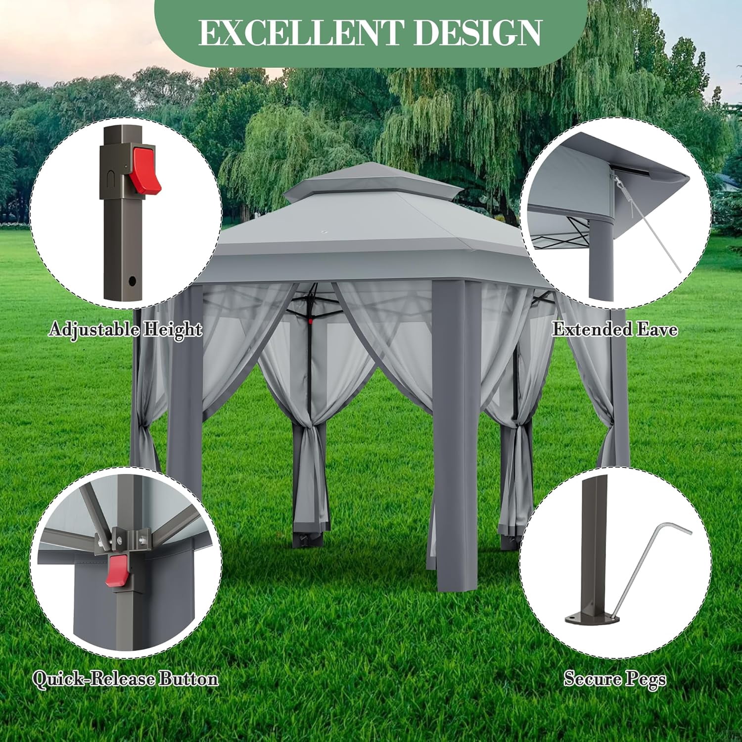 Pop Up Gazebos 13x13ft, Hexagonal Outdoor Canopy Shelter, Instant Patio Gazebo Tent with Mesh Netting and Strong Steel Frame for Patio Backyard Garden Wedding Party