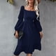 thumbnail image 2 of Vestido con mangas abullonadas para mujer, cuello cuadrado, espalda elástica, costuras con volantes, Color puro, línea A, vestido fluido informal, Azul Marino XL, 2 of 6