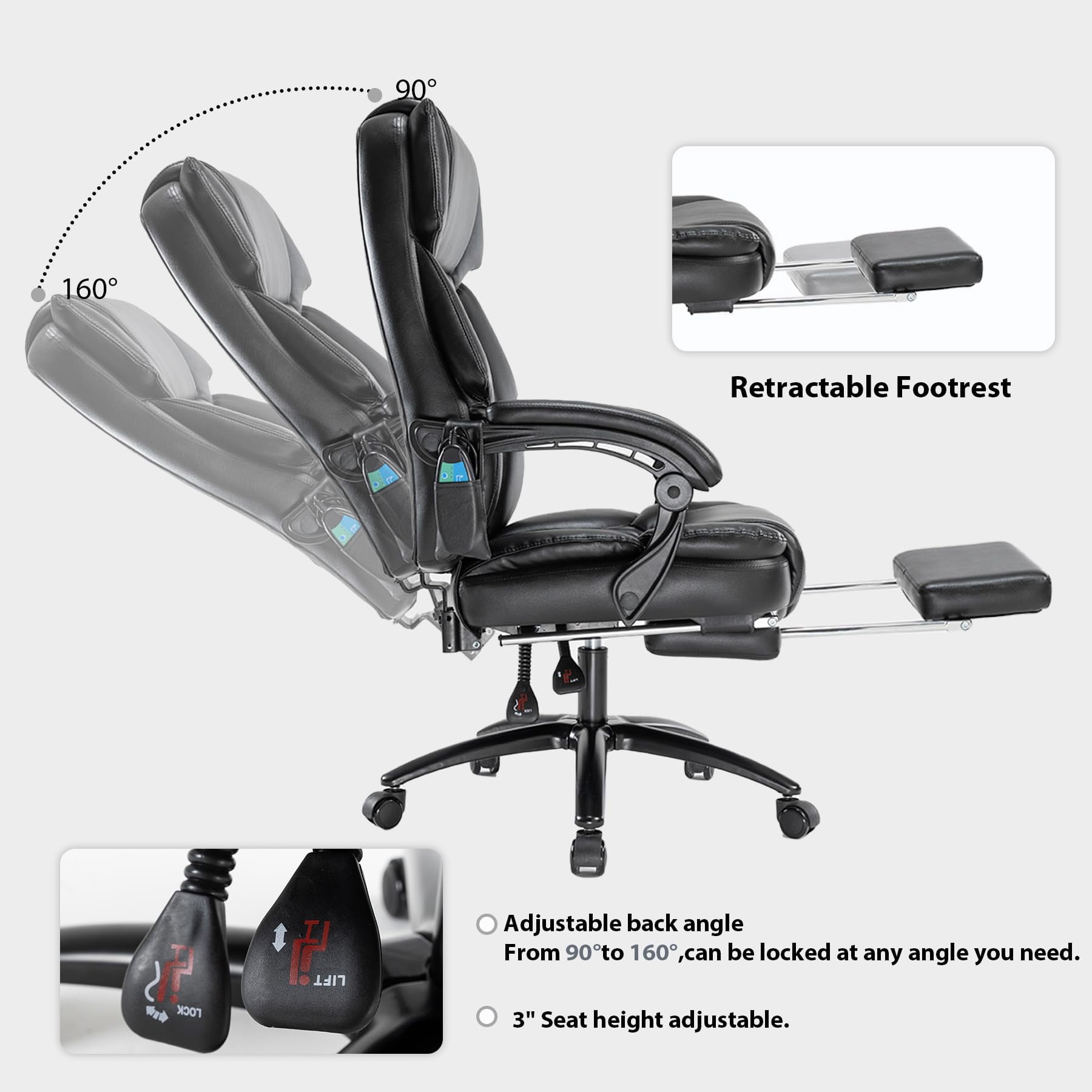 HESL Office Chair With Massage And Heated Lumber Spport, Big and Tall Reclining Desk Chair,Black