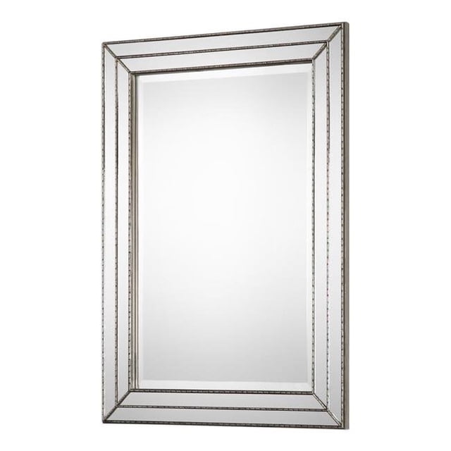Benzara BM204963 Rectangular Wooden Frame Mirror with Grooved Edges, Silver