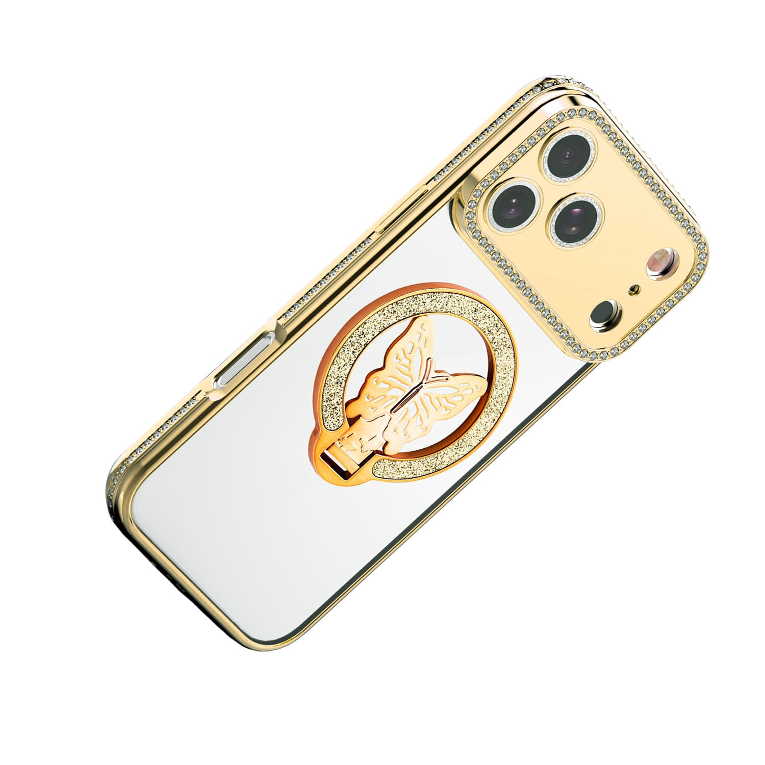Sparkling Butterfly Stand Case for iPhone 17 Pro Max - Gold