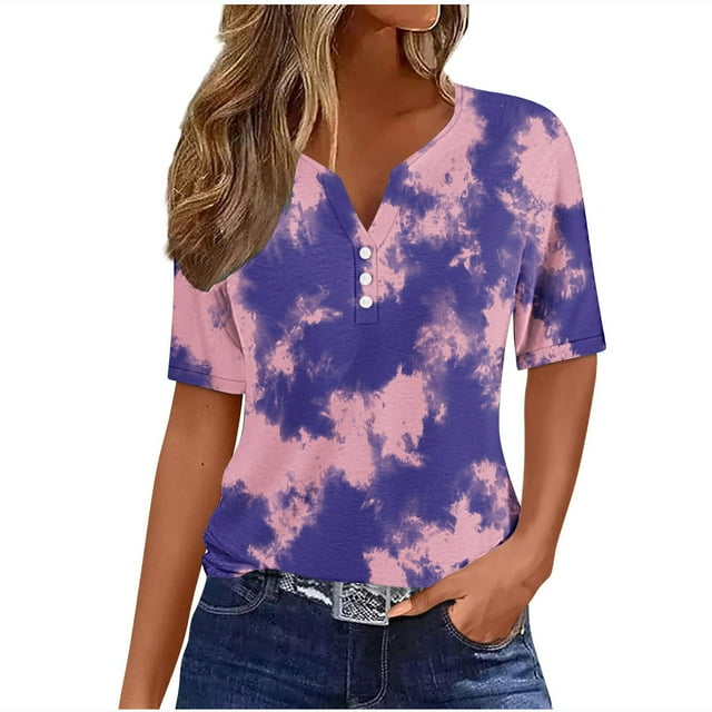 Tops de Algodón para las Mujeres, Retro No Posicionamiento Impreso, V-Cuello Botón Suelto para las Mujeres