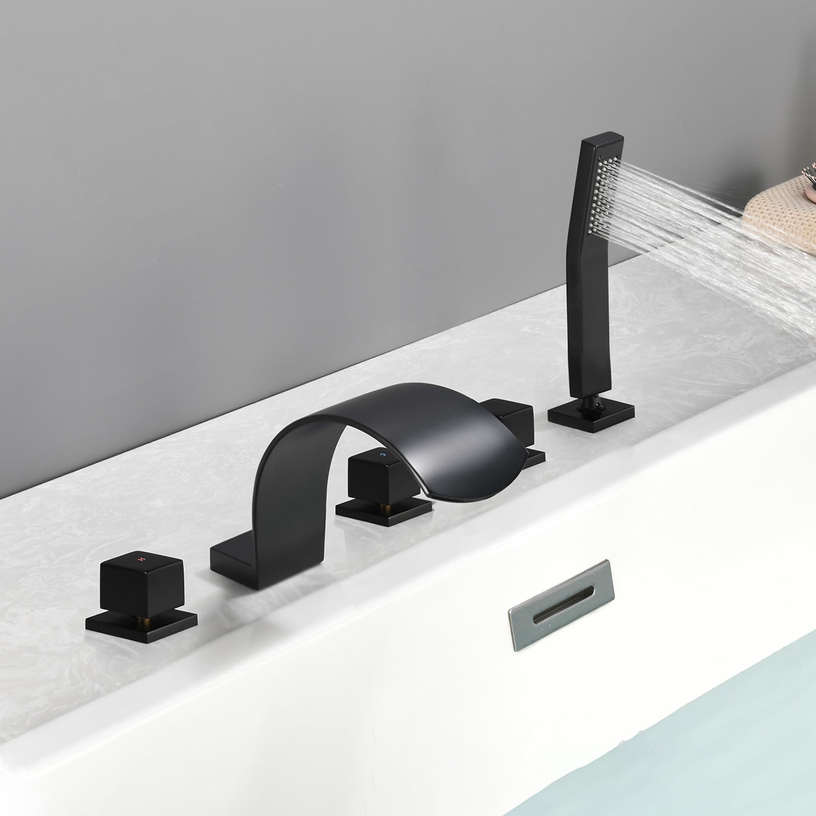 Cobbe Deck Mount Bathroom Bathtub Faucet with 2 Switches, 1 Diverter Knob, 3.74-Inch Wide Waterfall Spout and Handheld Sprayer Matte Black