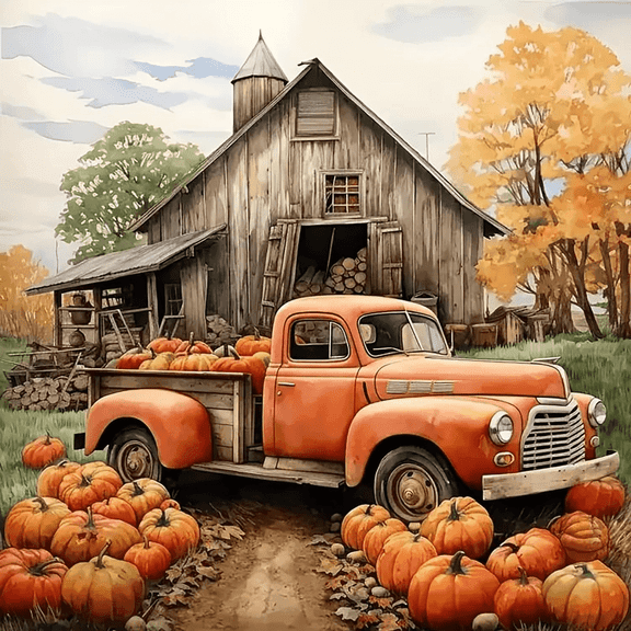 Pumpkin Truck Farmhouse Diamond Art Kits for Adults, 5D Fall Diamond Painting Kits for Adults Beginners, DIY Full Round Drill Diamond Dot Painting Gem Art Kits for Home Decor 12 x12 Inch