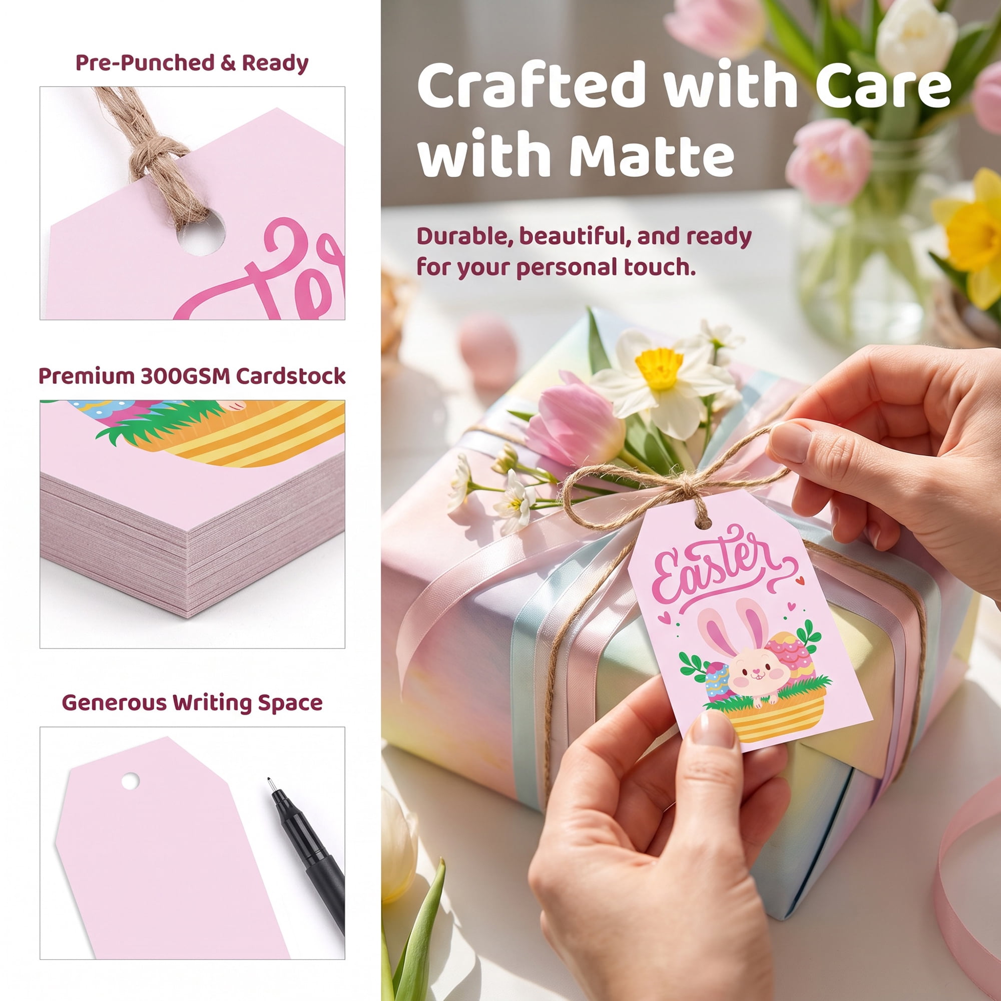 Unique Bargains 100Pcs Easter Gift Tags with Twine for Wrapping Rabbit Pattern 2" x 3.1"