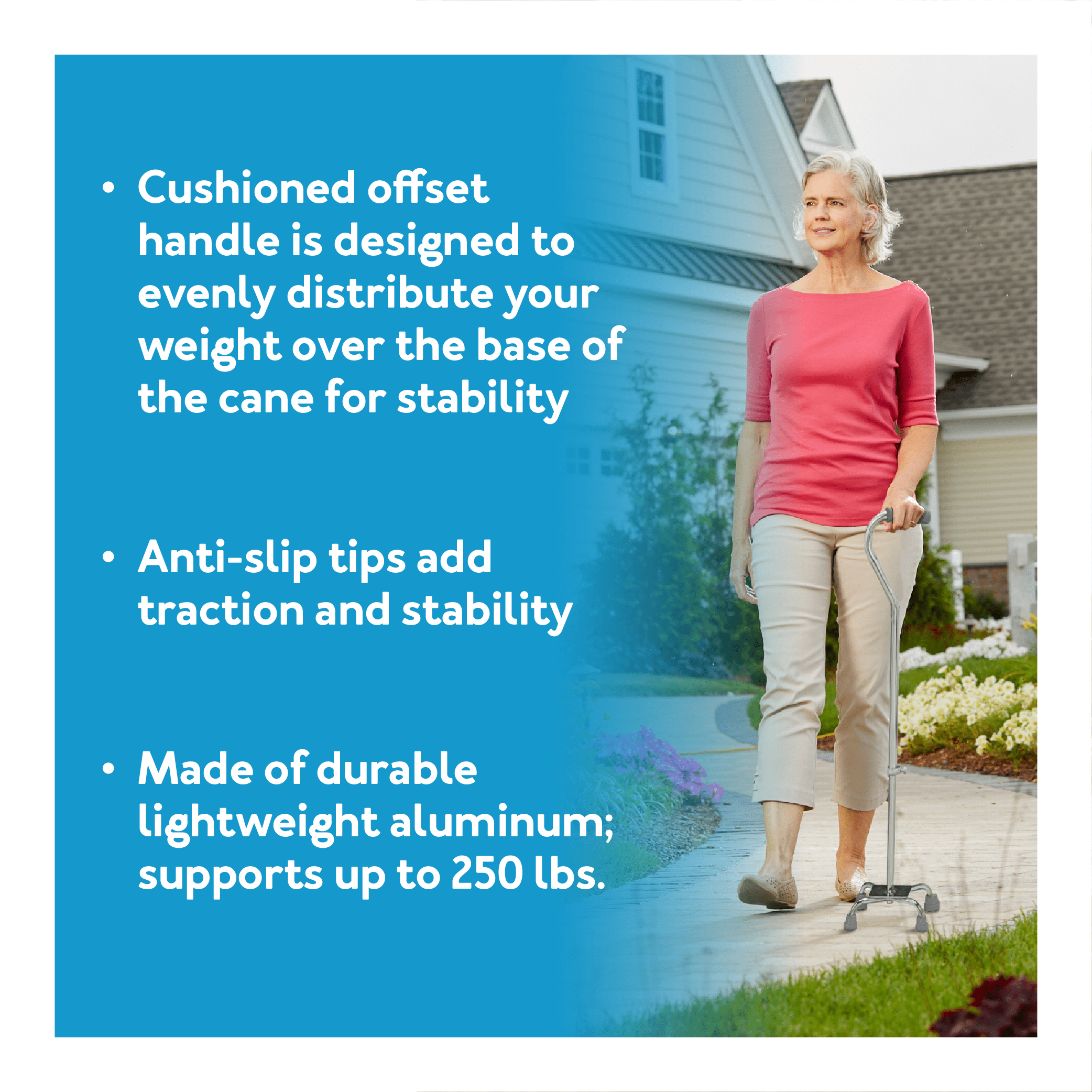 Carex Small Base Offset Quad Cane for All Occasions, Silver, 250 lb Weight Capacity