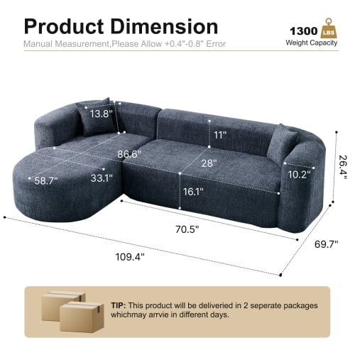 109.4" Boneless Modular Sectional Sofa with L-Shaped Chaise, Cloud-Like Chenille Couch, No Assembly Required, Blue