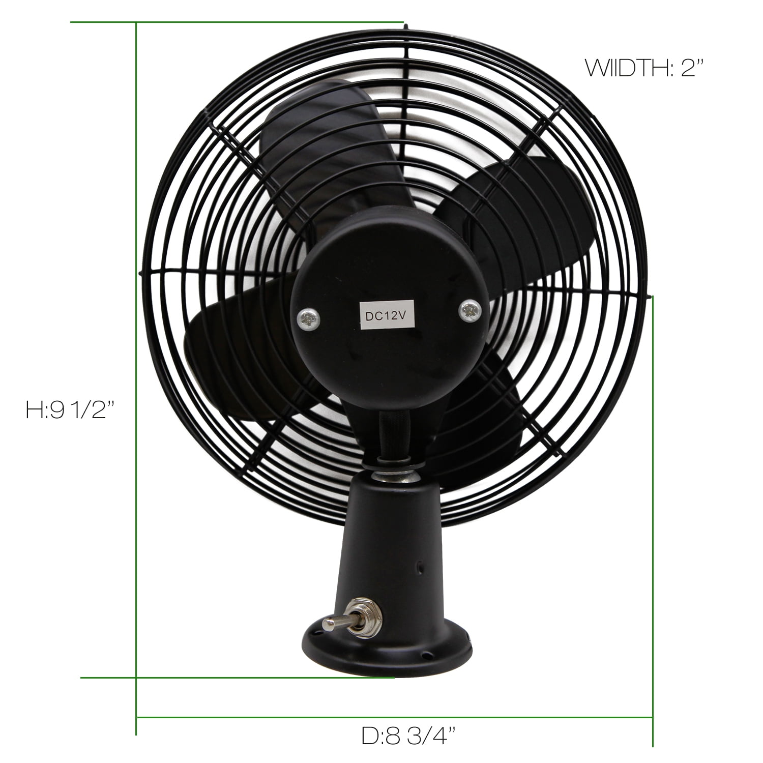 Maichis Heavy Duty All Metal 12V Car Fan, 8inch fan blade with Black Finished and 2 Speed Switch, Ventilation Electrical Cooling Air Metal Fan for Cars, Trucks, RV, Delivery Vehicle, Bus, Van
