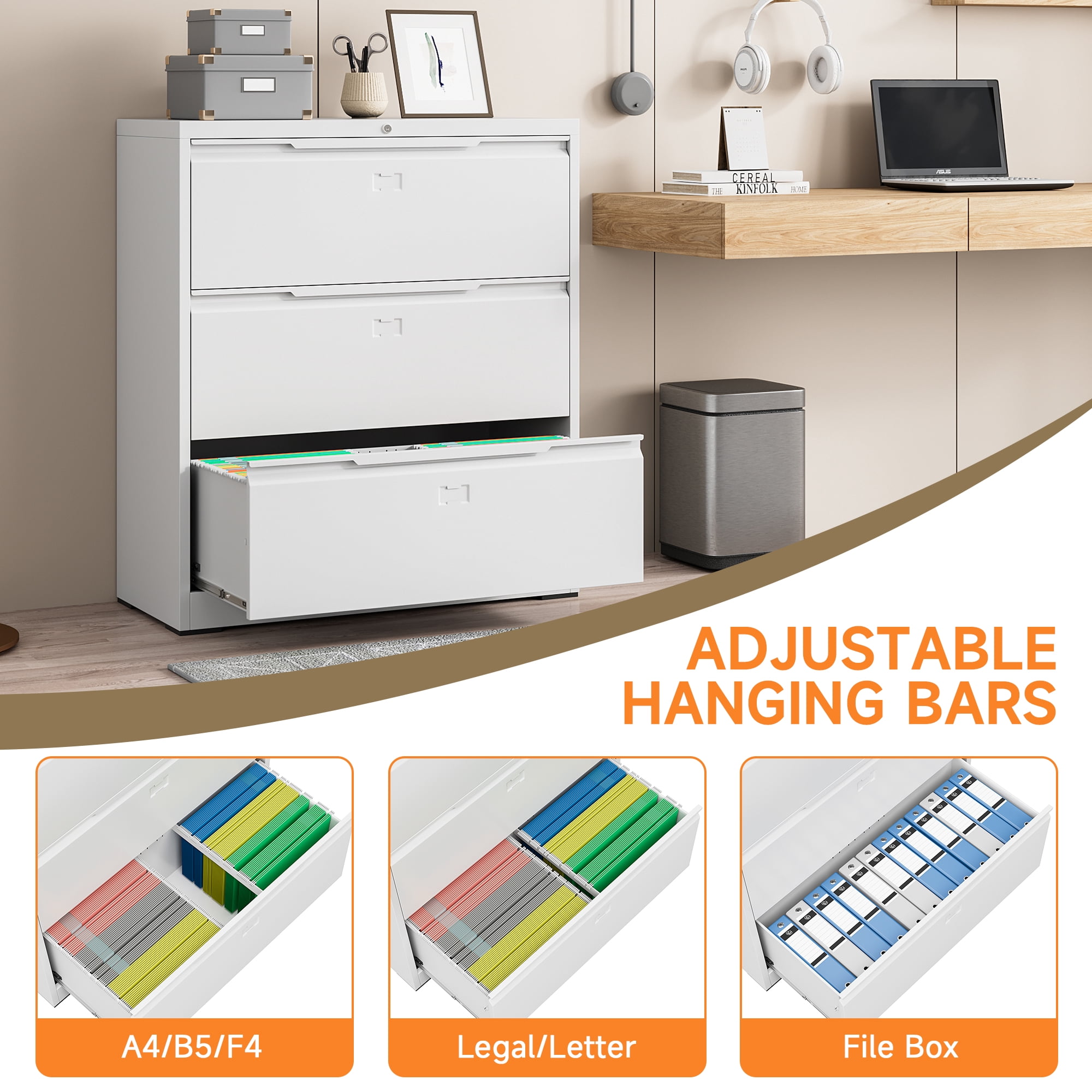 Coolsun Lateral File Cabinet, 3 Drawer File Cabinet with Lock, Wide Filing Cabinet for Home Office, Metal Locking Cabinet for Hanging A4/F4/Letter/Legal, Assembly Required (White, 3 Drawer)