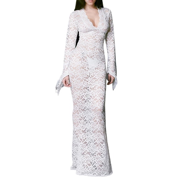 OSOLU Women Casual Solid Color Lace Dress Long Irregular Flared Sleeves V-Neck Dress Slim Dress Fashionable Sundress Dresses For Women 2025 Elegant Classy