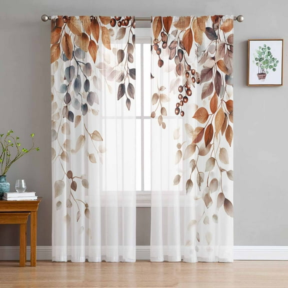 Eucalyptus Leaves Sheer Curtains 72 Inch Length 2 Panels Set for Living Room/Bedroom, Orange Blue Botanical Vintage Semi Curtain Sheers Drapes Rod Pocket Curtains Window Treatment Set 52''x72''x2