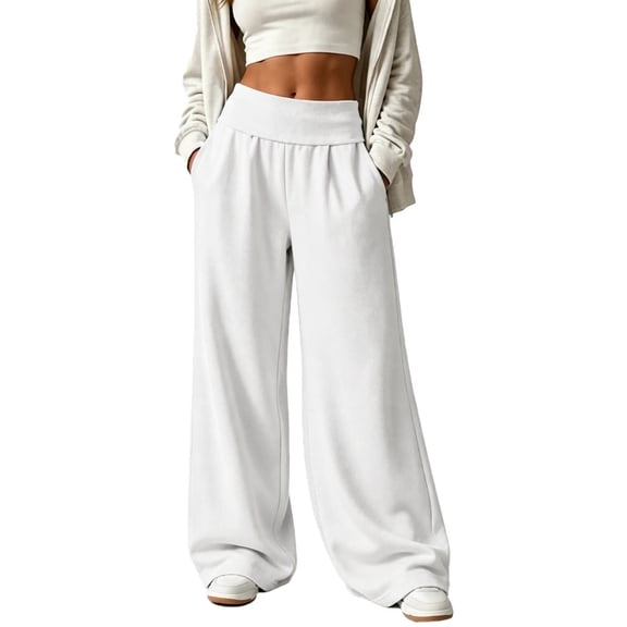 Luvrsol Pants for Women Wide Leg Sweatpants High Waist Loose Casual Solid Trousers with Side Pockets, White S-2XL