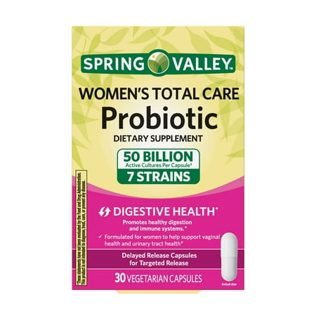 Spring Valley Women's Total Care Probiotic Dietary Supplement 30 Vegetarian Capsules 50 Billion Active Cultures 7 (Best Foods For Vaginal Health)