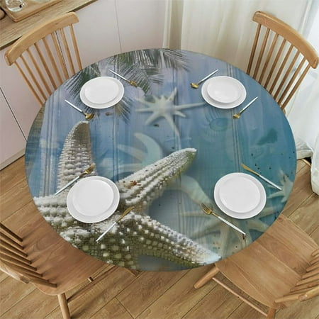 

QFMY Starfish Shell Palm Tree Round Table Cover with Elastic Edge 100% Polyester Fiber 38-42