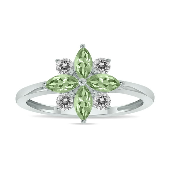 SZUL Women's 3/4 Carat TW Green Amethyst and Diamond Flower Ring in 10K White Gold