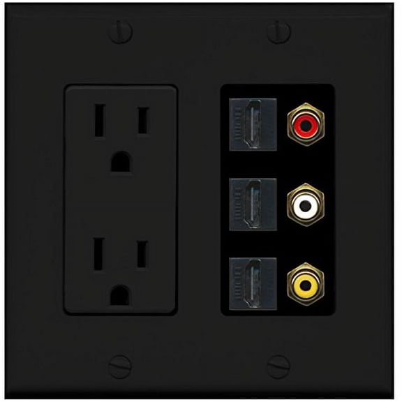 RiteAV - 2 x 15 Amp 125V Power Outlet 3 x HDMI and 3 x RCA Port Wall Plate - Black