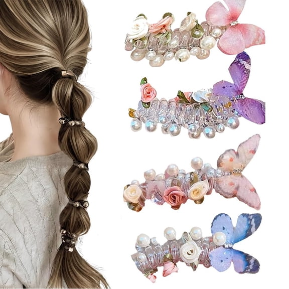 No Damage Soft Elastic Spiral Hair Ties, Pearl Spiral Telephone Cord Hair Ties for Women, Twisted Hairs Wire Pony Hairwire, Colorful Phone Cord Twisty Hairties Ponytail Holders(#B-4PCS)