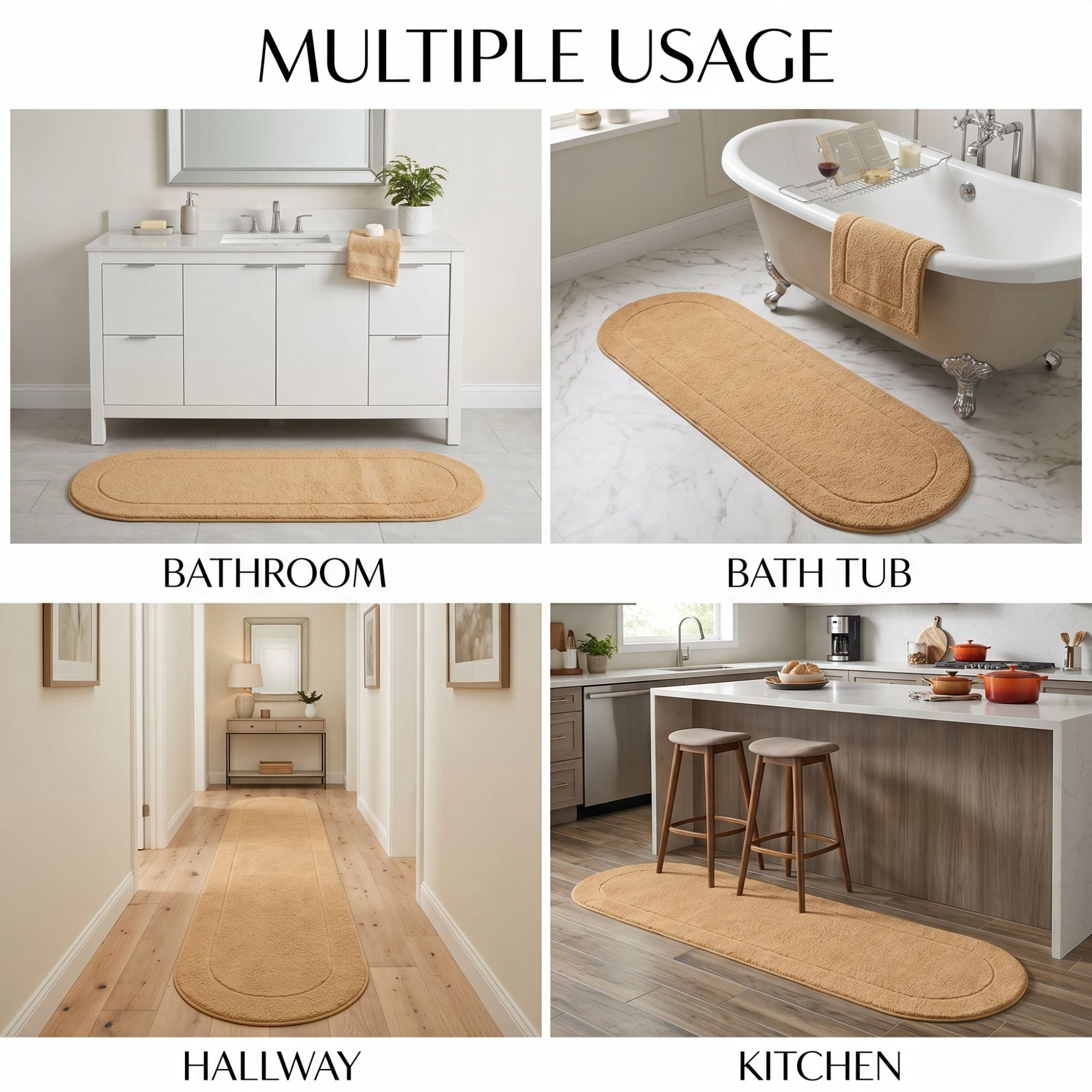 Superior Oval Bordered Cotton Washable Non-Slip Bath Rug, Runner Size, Toast