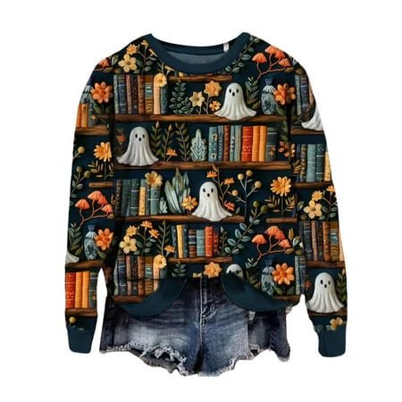MKLEKYY Long Cardigan Chandail Femme Chandail en Molleton Femme Lecture Livre Chandail Tricoté Mignon Chemise Automne Col Rond Chandail