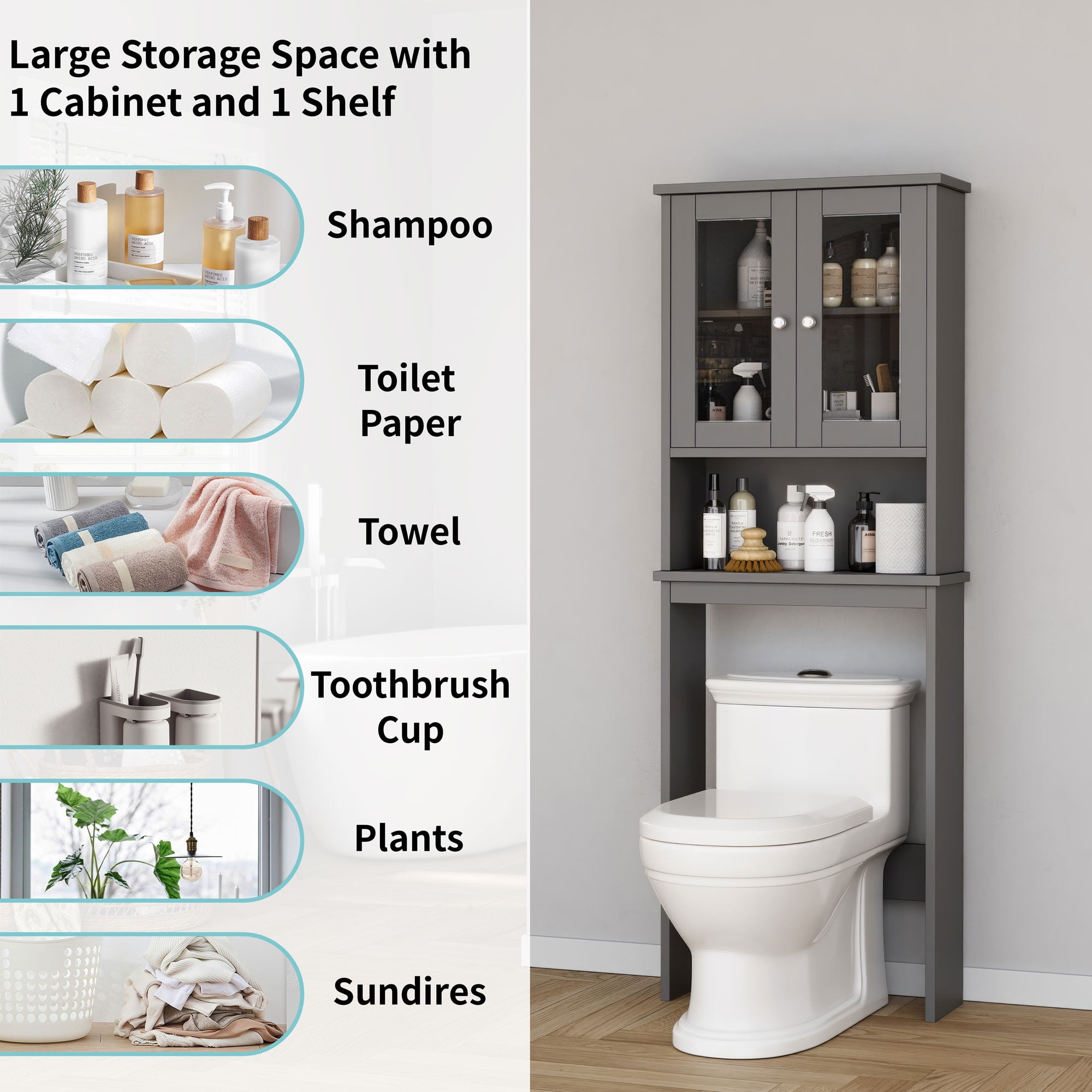 Walsunny Over The Toilet Storage Cabinet Bathroom Shelves Organizer Space Saver Freestanding Restroom Shelf with Tempered Glass Doors Anti-Tip Device Adjustable Shelf Gray