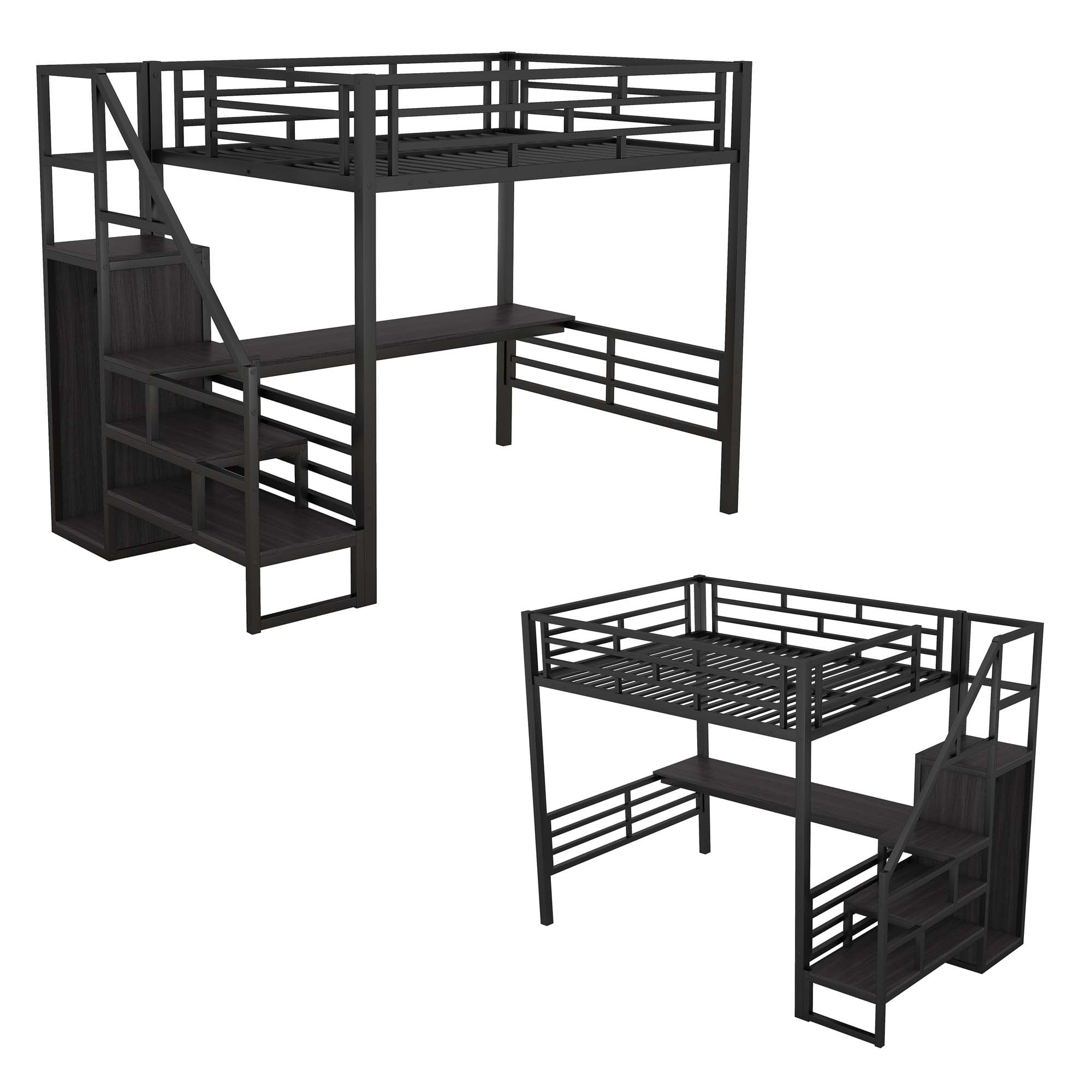 Aukfa Full Size Metal Loft Bed with Desk and Wardrobe, Staircase Loft Bed for Kids Teens - Black