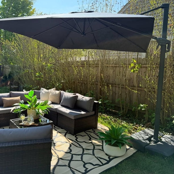 dark grey patio umbrella PURPLE LEAF Market 6' x 10' Business Semi Auto Lift, Gray making it ideal for prolonged outdoor exposure OVIOS LED Patio Umbrella -
