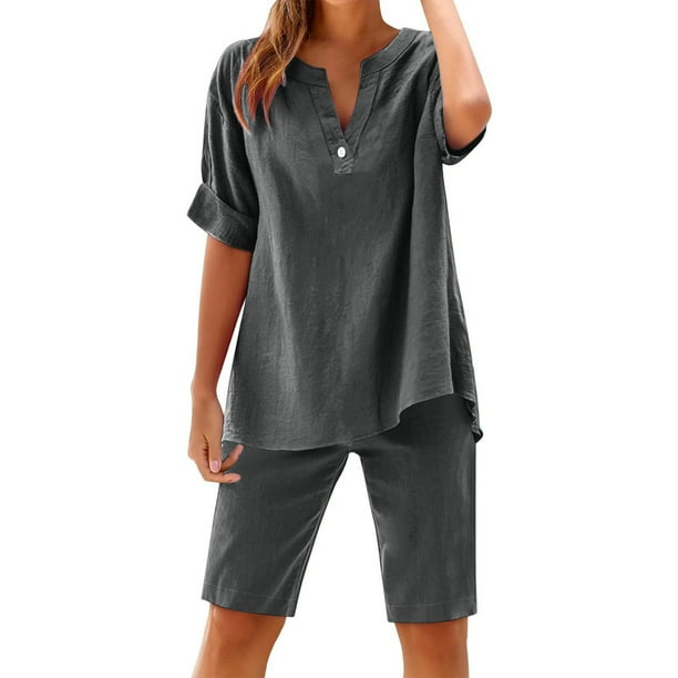Camisetas de Algodón de Manga Larga para Mujer, Algodón de Verano Y Lino, Manga Corta con Cuello en V Y Pantalones Cortos