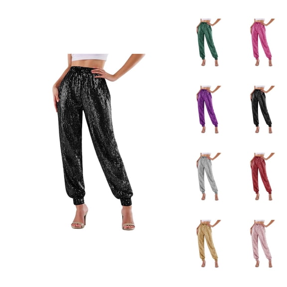 Sequin Pants Women 2026 Trendy Elastic High Waist Slim Fit Straight Leg Sparkly Pants Party Clubwear Dancewear