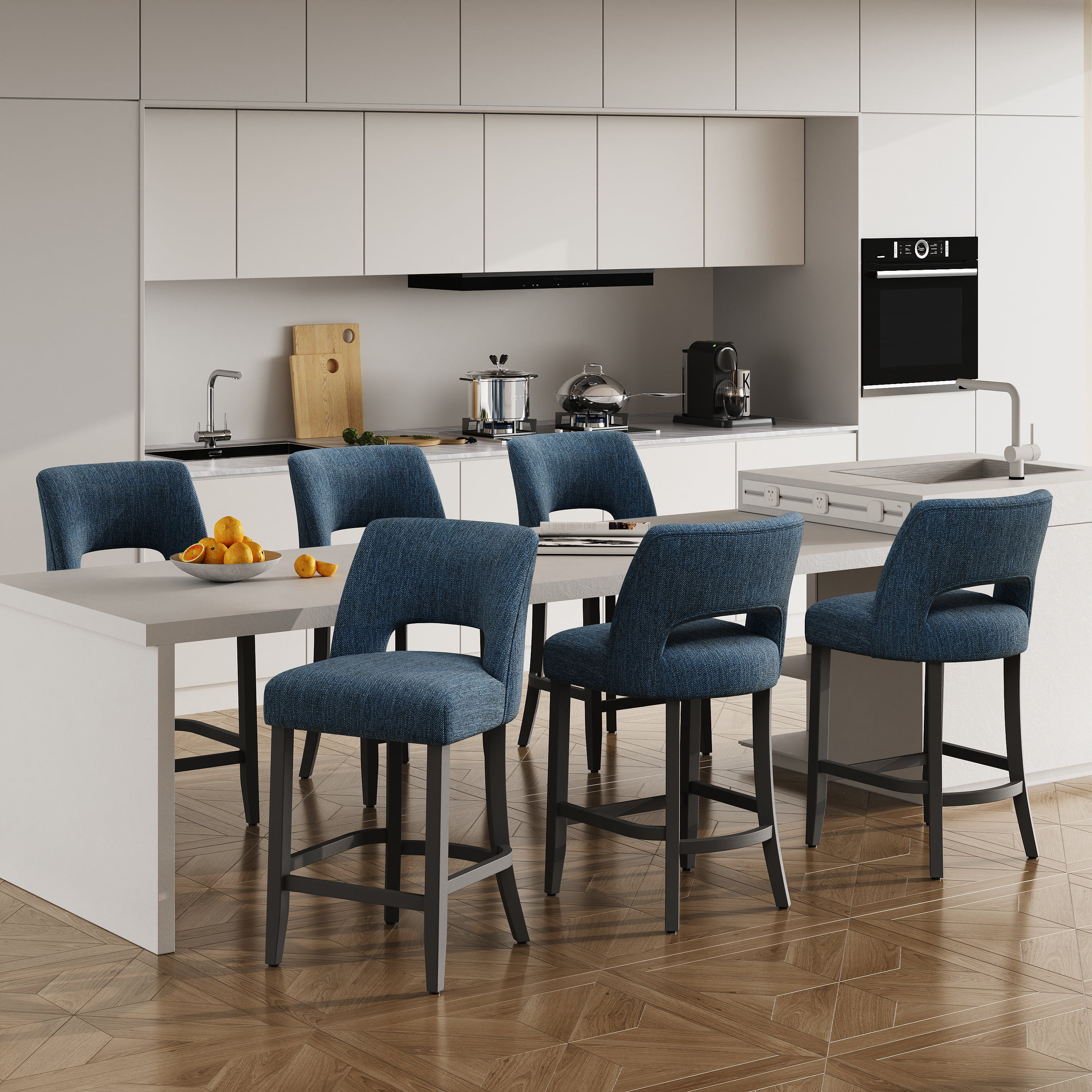 Vknow Furniture Mid-Century Counter Height Bar Stools Set of 6 with Solid Wood Legs and Ergonomic Backrest for Kitchen Island and Dining Room,Blue