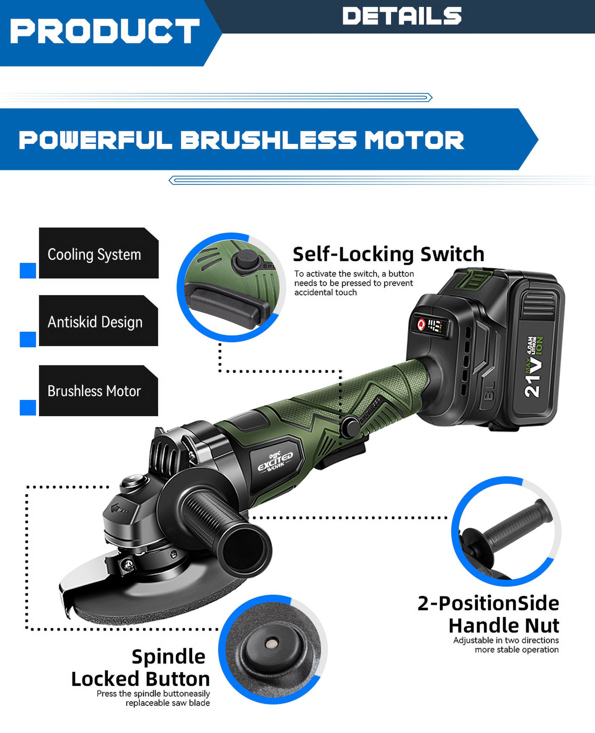 EXCITED WORK 21V 5 inch Cordless Angle Grinder, 7500rpm Brushless Electric Metal Cutting Machine with Two 4.0A Batteries and Fast Charger, 4-1/2 "Grinding Wheel for Polishing, Grinding and Cutting