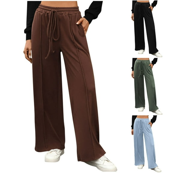 FRSASU Women's Sweatpants Solid Wide Leg Loose Drawstring High Waist Trousers with Pockets Light Blue XL(XL)