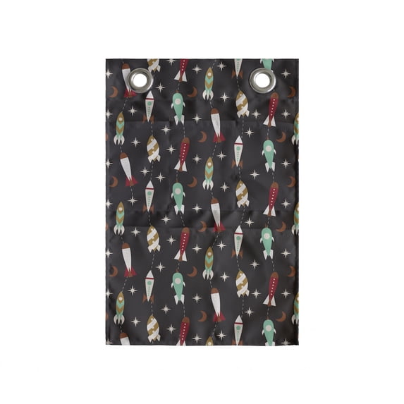 Rockets Hanging Pocket Organizer, Continuous Stars Space Galaxies Science Technology Engineer, Printed Polyester Storage Bag with Pockets, 14" x 20", Ruby Sea Green