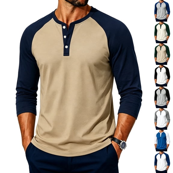 IAJDKMEK Men's Henley Shirts - Long Sleeve Color Block Raglan Casual Top with Soft Fabric for Daily Style,Beige L