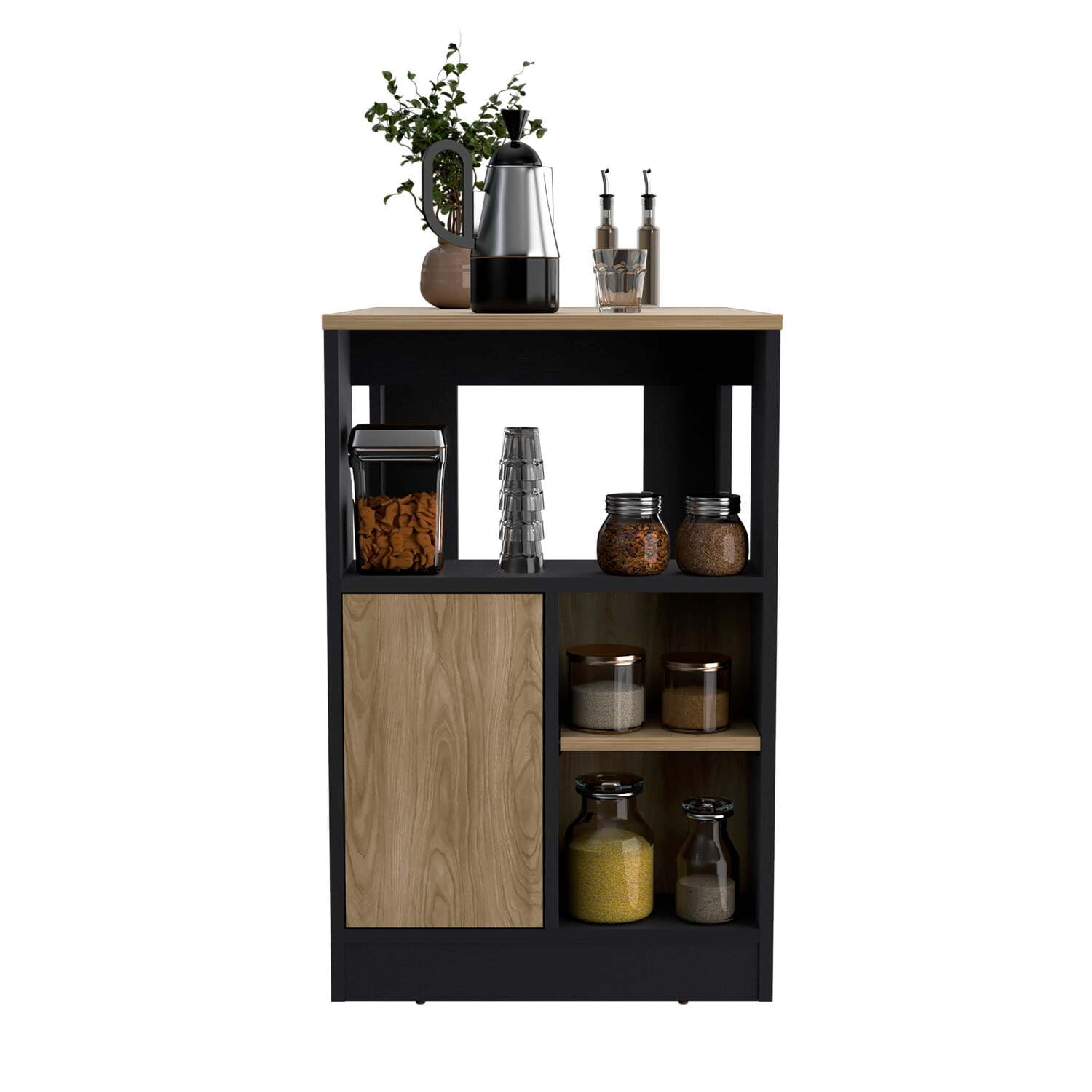 Kitchen Island Side Shelves and Push to Open Cabinet Black Wengue Natural Oak