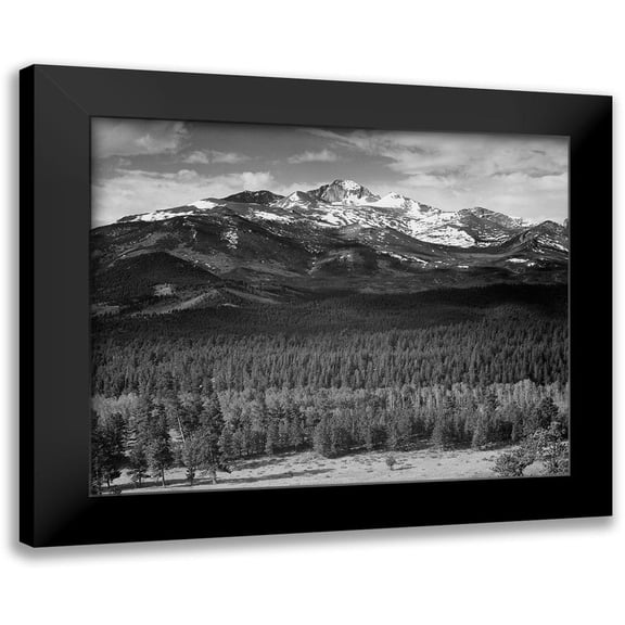 Adams, Ansel 14x12 Black Modern Framed Museum Art Print Titled - Trees in foreground, snow covered mountain in background, in Rocky Mountain National Park, Colorado,