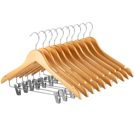 ShopoKus High-Grade Wooden Suit Hangers Skirt Hangers with Clips (10 Pack) Solid Wood Pants Hangers with Durable Adjustable Metal Clips, 360° Swivel Hook, Shoulder Notches for Dress, Jackets,