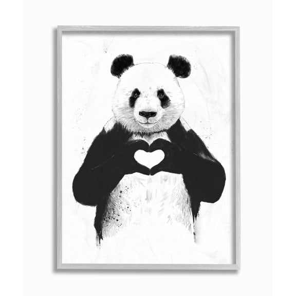 Stupell Industries Black and White Panda Bear Making a Heart Ink Illustration Framed Wall Art by Balazs Solti