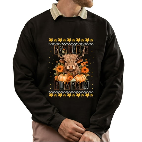 Christmas Sweatshirt, Hay There Pumpkin Highland Cow Sweatshirt, Funny Rustic Fall & Autumn Crewneck, Farm Animal & Pumpkin Patch Apparel