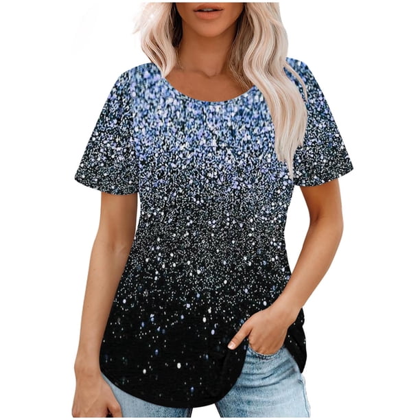 Tops Cortos para las Mujeres Cuello Redondo Suelto Impreso de Manga Corta, Tops Sueltos para las Mujeres