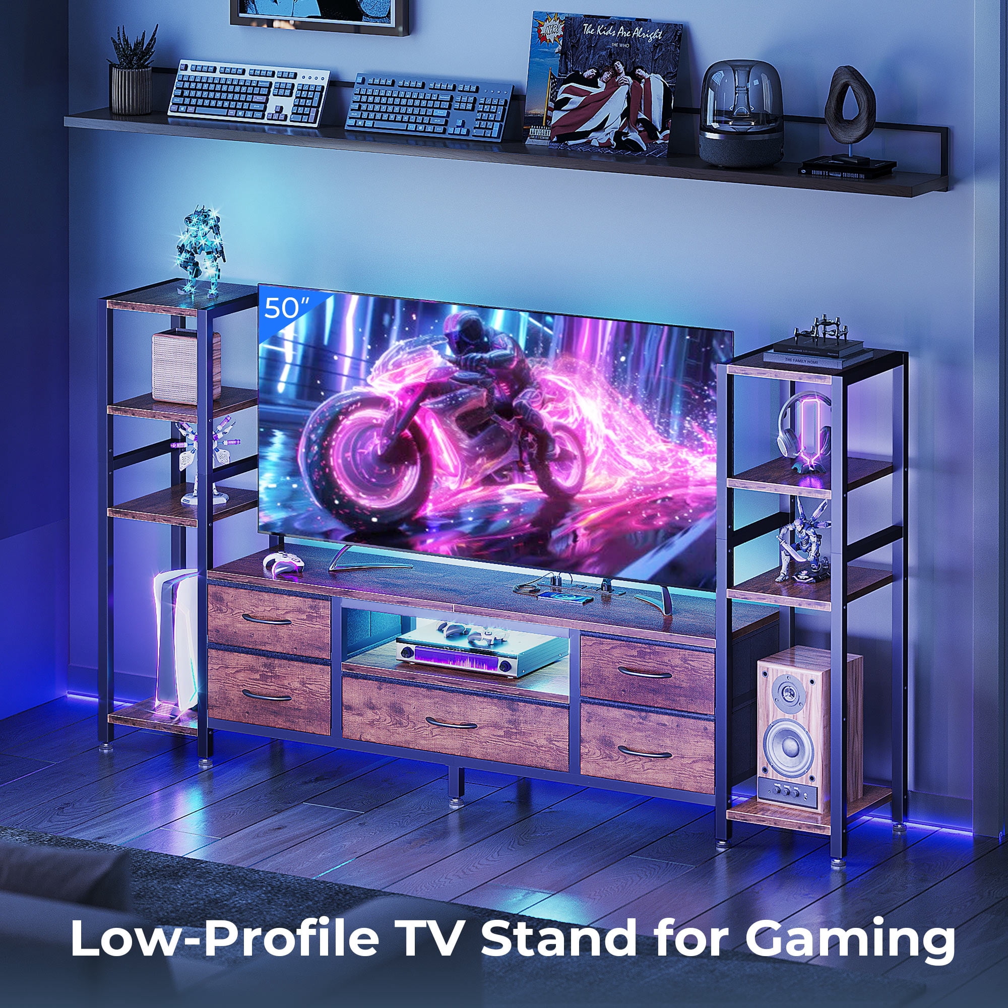 Casacomoda TV Stand for 40–50 Inch TV, Low-Profile Entertainment Center for Small Spaces with LED Lights & Power Outlets, Storage TV Stand with Drawers & Shelves, Vintage