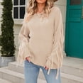 thumbnail image 2 of UJNDER Women Casual Large Size Pullover Sweater Tassel Long Sleeve Loose Round Neck Sweater Top Cozy Sweaters for Women Khaki M, 2 of 9
