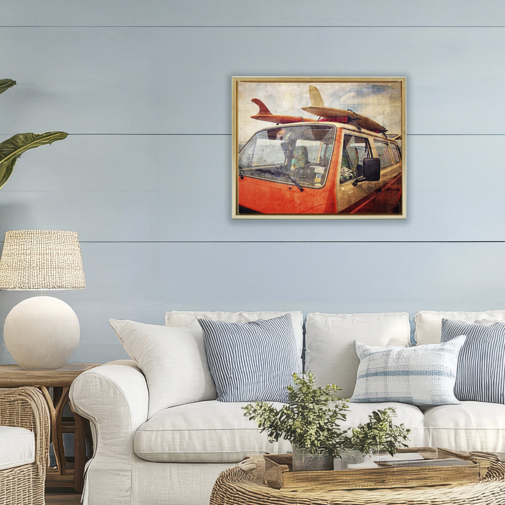 Stupell Industries Surf Bus Vintage Distressed Gold Framed Floater Canvas Wall Art, design by Grotto Studios